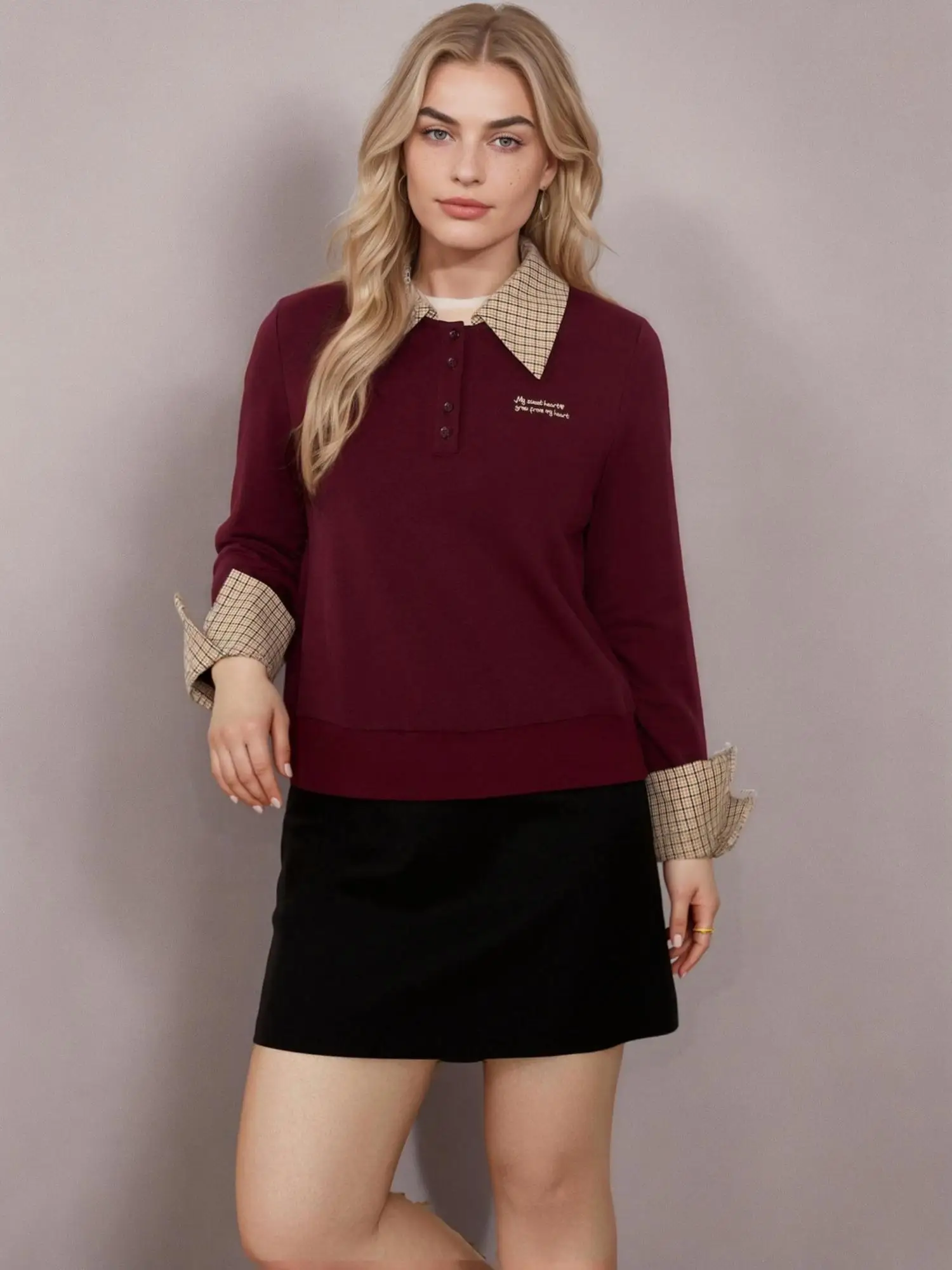 DUSHU Ankola Red Fake Two-piece Long-sleeved Sweatshirt 2025 Spring New Design Commuter Retro Style Top Chic Shirt 25DS81073