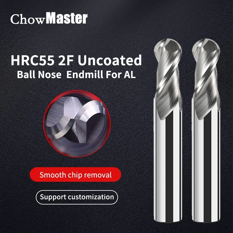 

Chowmaster HRC55 Aluminum Carbide Milling Cutter Uncoated Ball Nose 2F Tungsten Steel End Mill for Al 50mm 60mm 75mm 100mm 150mm