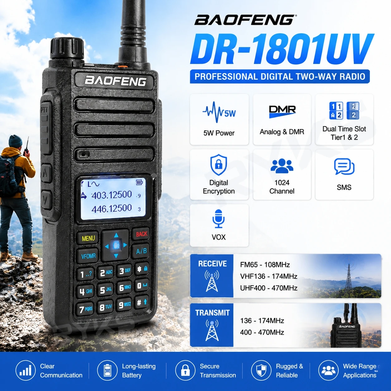 Baofeng Dr-1801Uv Walkie Talkie Long Range Dmr True 2 Time Slot Digital Encryption Dual Band 136-174 & 400-470Mhz Ham Radio