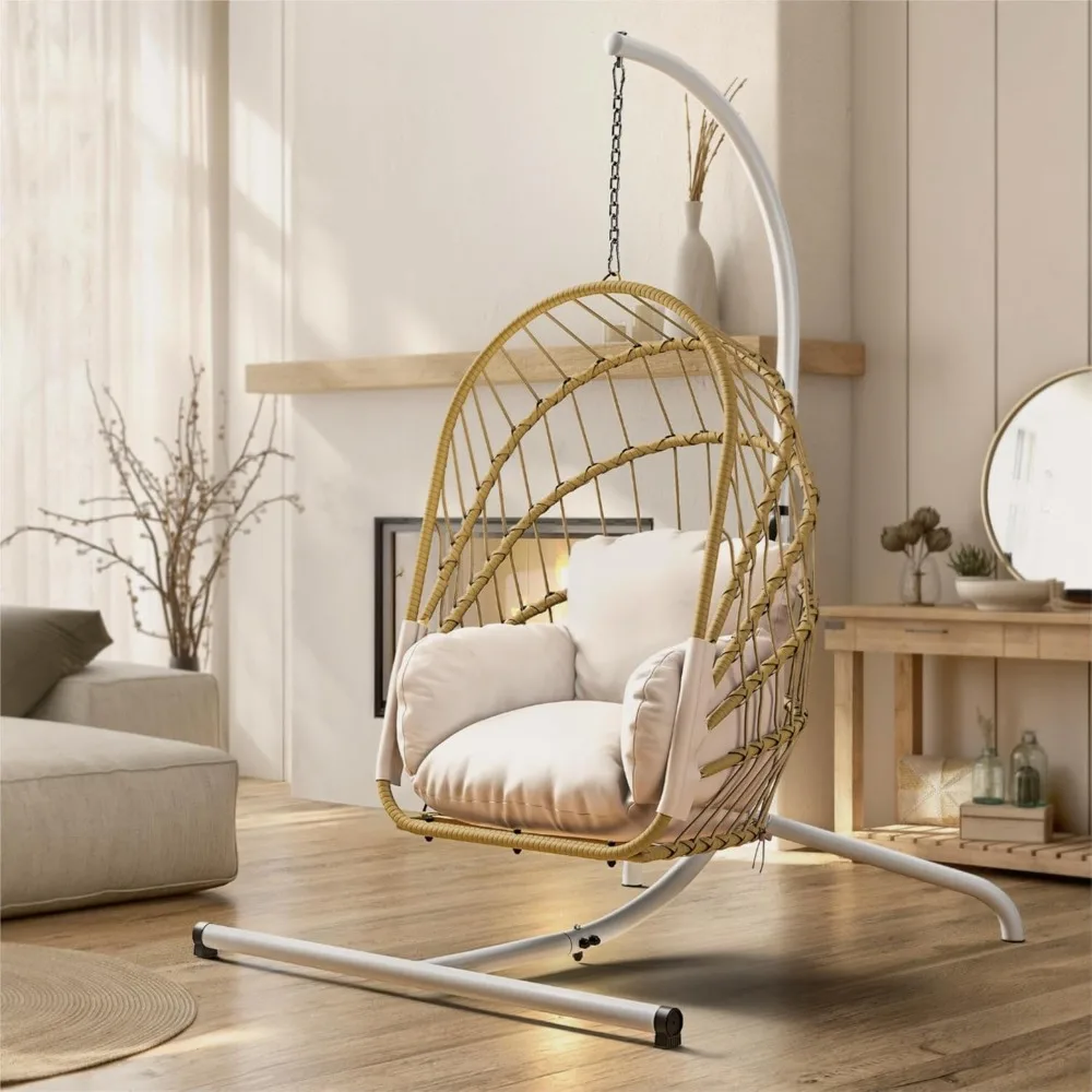 

Hanging Egg Chair with Stand, Rattan Wicker Swing Egg Chair with Resistant Cushion, 350lbs Capacity, Foldable Hanging Basket Ch