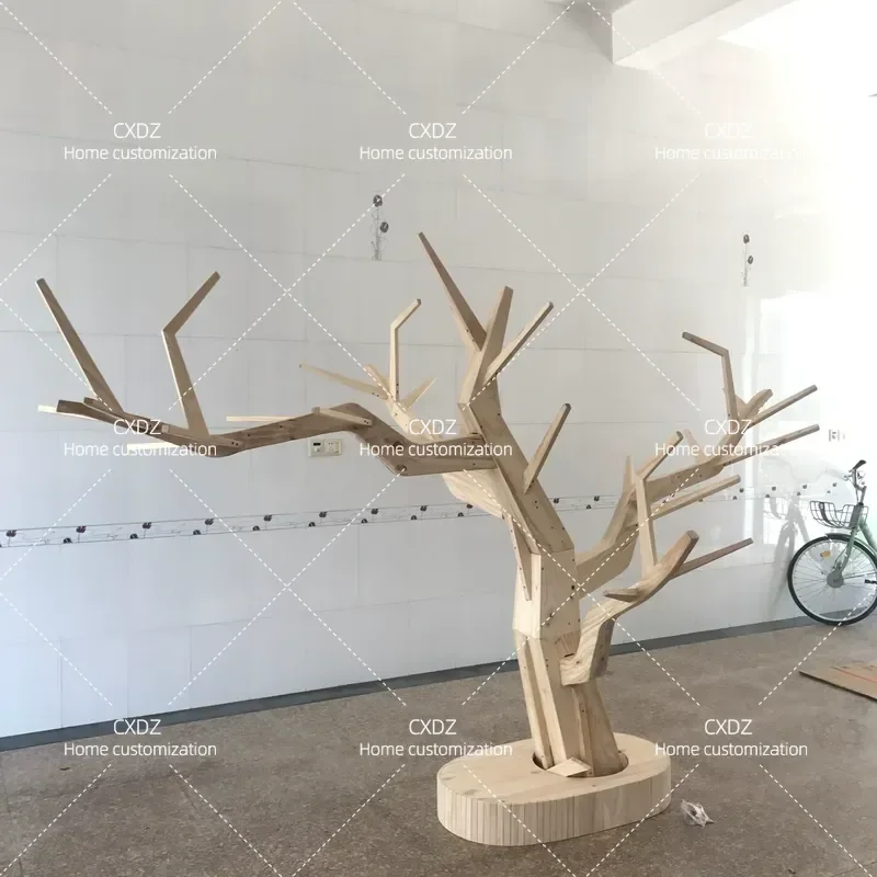Custom Solid Wood Tree Shaped Floor Lamp with Wooden Board Trunk Fashionable Lobby Front Desk Decorative Light Free Shipping