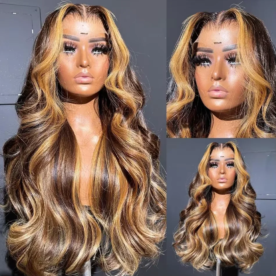

Highlight Body Wave Wig H uman Hair Lace Wigs 4/27 Honey Blonde Body Wavy T Part Lace Human Hair Wig For Women Brazilian Wig