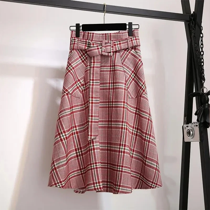 Red Plaid Striped Vintage High Waist Sashes A-line Loose Women's Skirt Knee-length Long Skirts For Women Clothing Fashion 2026