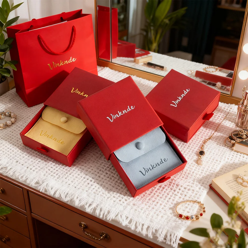 

Luxury Bracelet Necklace Ring Earring Box Jewelry Packaging Slide Drawer Box Custom Logo 7x9x3cm Case with 6x6cm Snap Bag Pouch