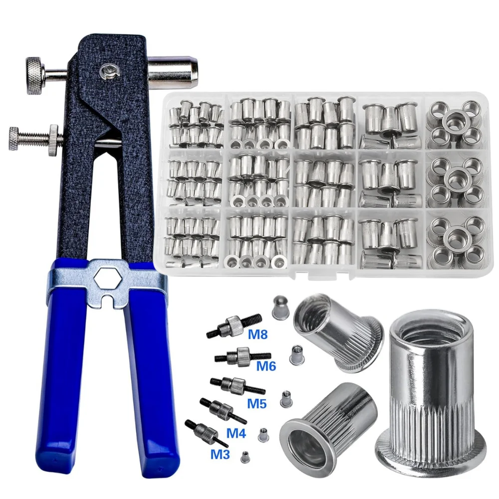 150PCS M3/M4/M5/M6/M8 Hand Riveter Nut Rivet Gun Kit Stainless Steel Insert Nut Rivet CapThreaded Nuts Repair Tools Kit