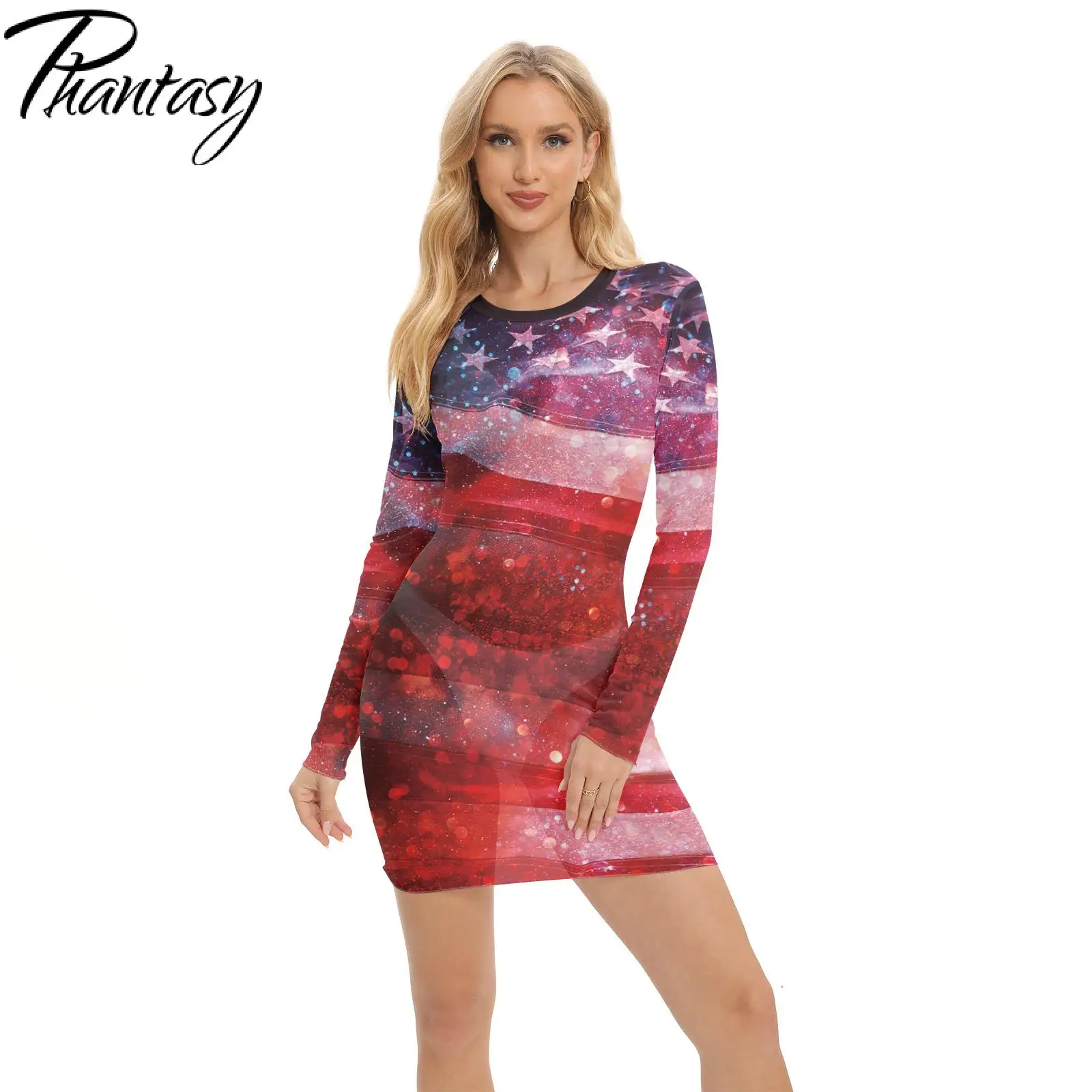 Phantasy Holiday Long Sleeve Dress Mesh Visible Mini Dress Up Crewneck Flag Pattern 3D Printing Outfit Spring Summer Wear