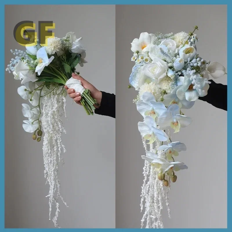 

Broken ice blue bouquet simulated flower water drop waterfall shaped bride wedding Korean wedding wedding photo bouquet