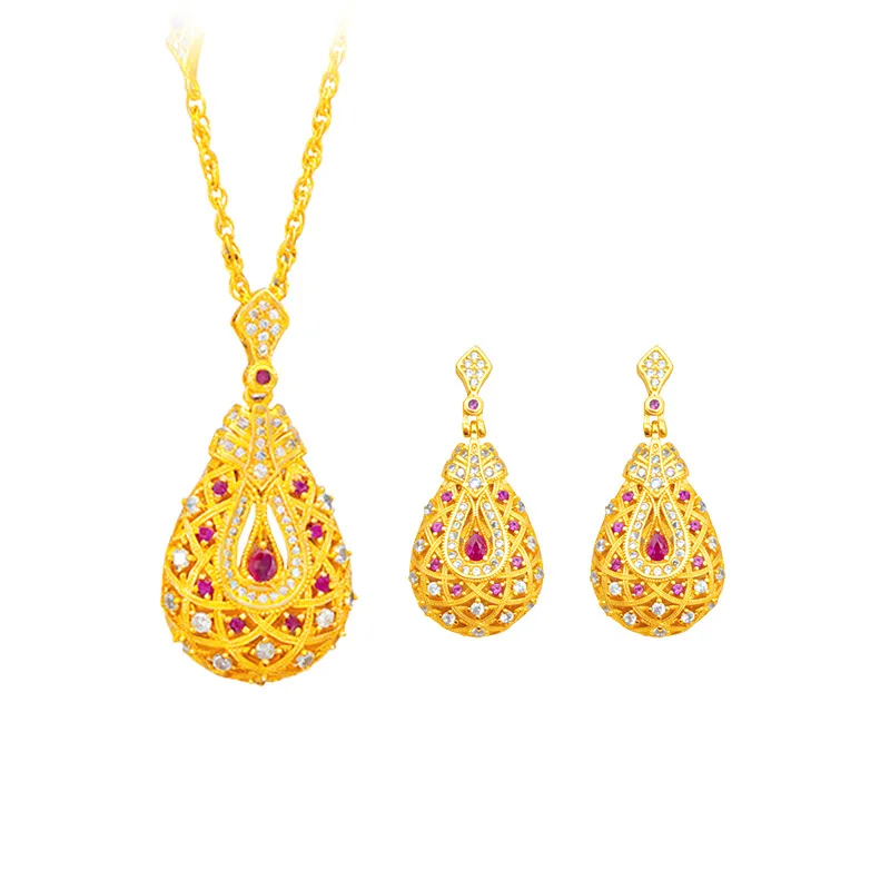Fashion 18kt Pink Oval Zircon Pendant Double Layered Necklace for Women Elegant Bracelet Chain Party Birthday Jewelry Sets Gifts