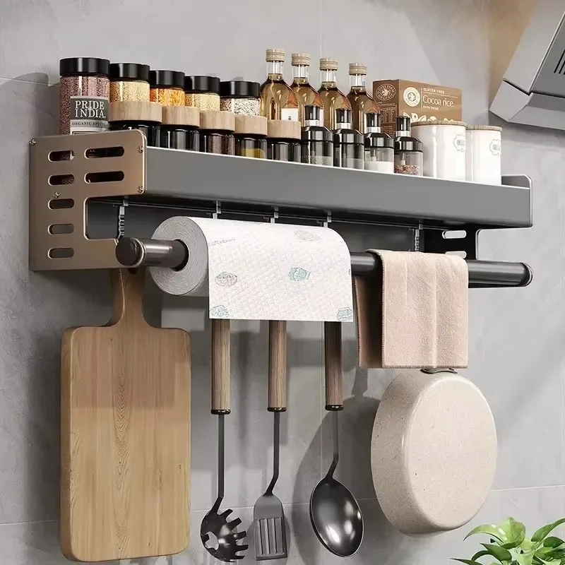 Wall-Mounted Kitchen Spice Storage Rack Multifunctional Condiment Shelf with Utensil Holders Hanging Organizer for Home