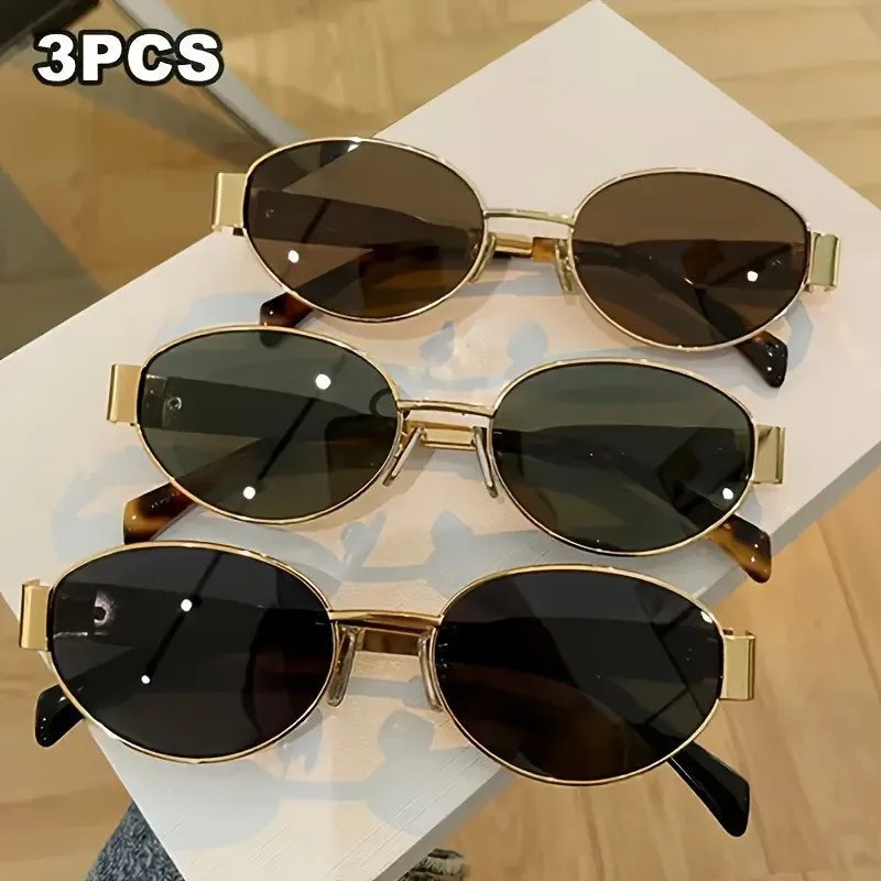 

3 Pairs of Oval Shaped Small Frame Retro Simple Metal Fashionable Women's Glasses Unisex