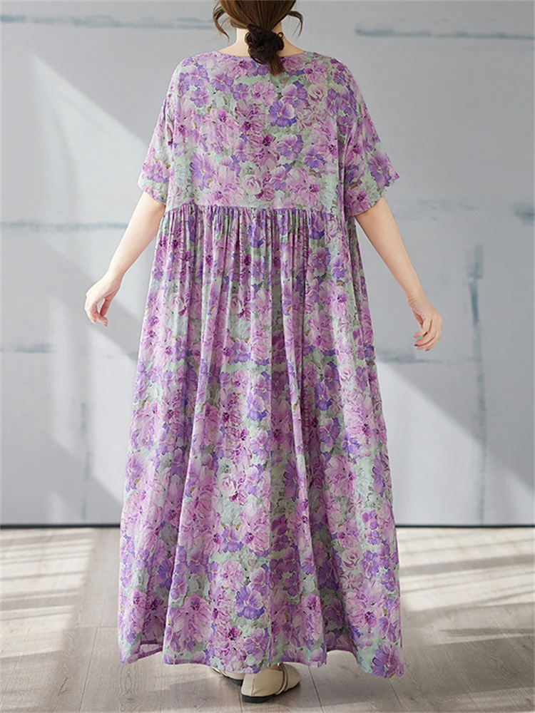 Vestidos Vintage de algodón de manga corta para mujer, vestido informal holgado largo de color morado claro, Vestidos elegantes para mujer, ropa de verano
