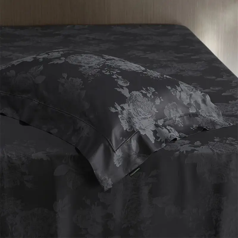 Dark Gray Vintage Jacquard Lyocell Cotton Luxury Bedding Set Soft Silky Duvet Cover Bed Sheet Fitted Sheet Pillowcases 4Pcs