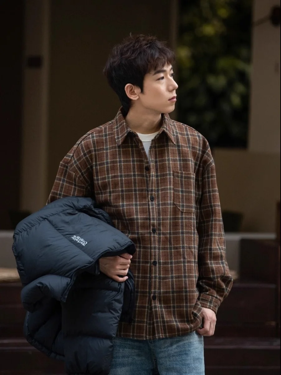 

Мужская фланелевая рубашка в клетку, длинная, весенне-осенняя, в японском ретро-стиле, повседневная, свободного кроя, в стиле BF, верхняя одежда