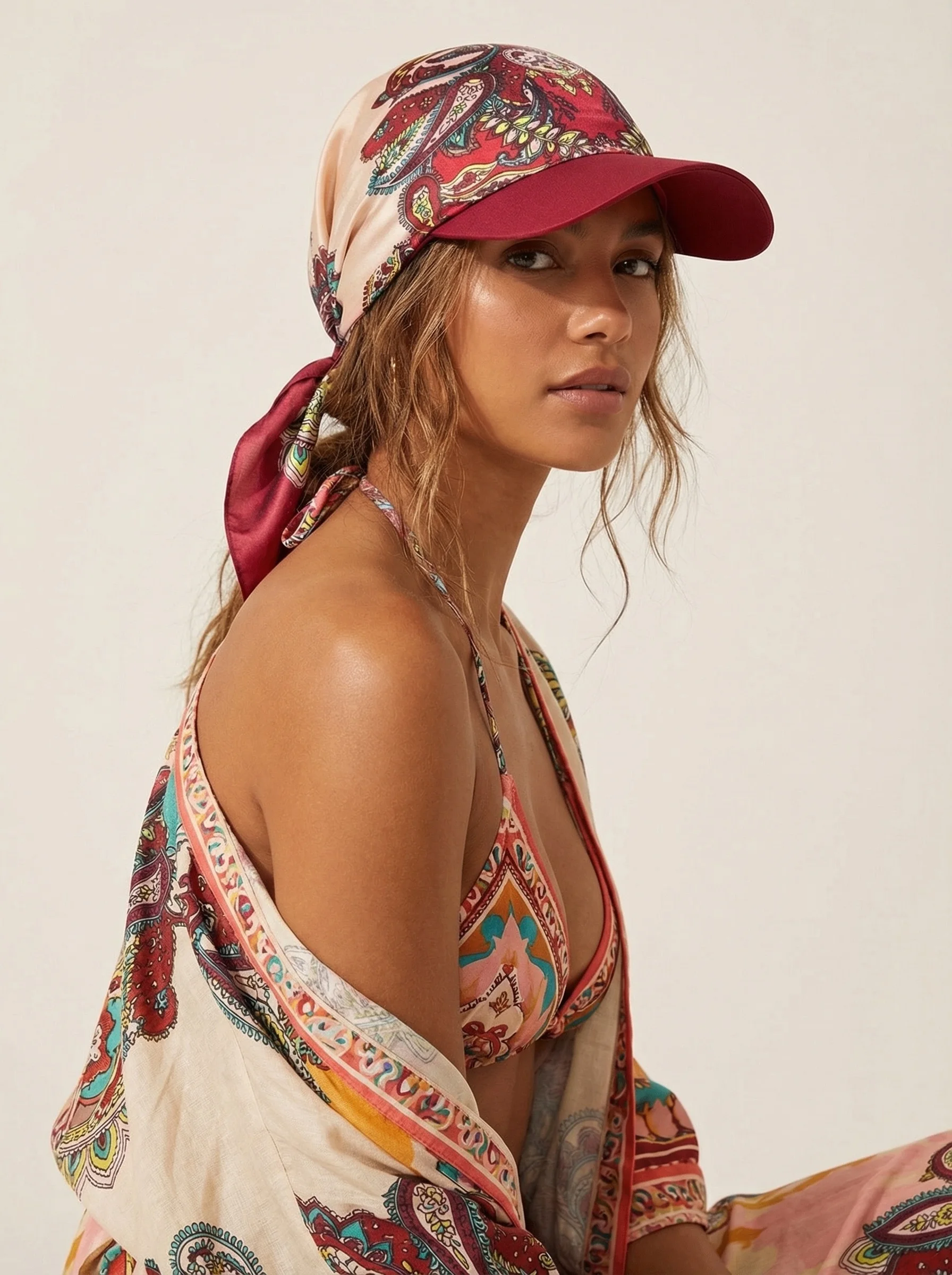 Women’s Paisley Satin Bandana Visor Hat, Self-Tie Headscarf with Brim, Lightweight Outdoor Sun Hat for Beach Travel