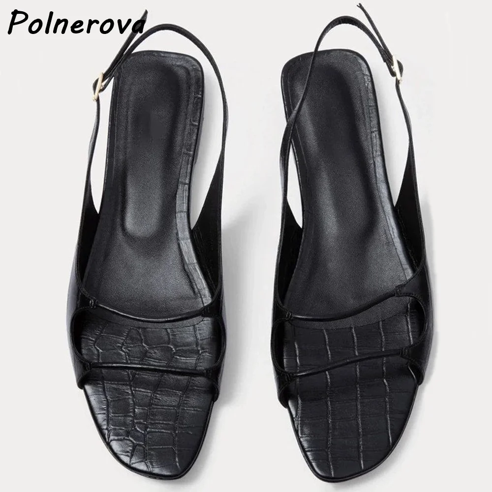 Vintage Crocodile Texture Sandals Square Toe Slingback Flats Women Ankle Strap Daily Shoes Summer Solid Leisure Hollow Shoes