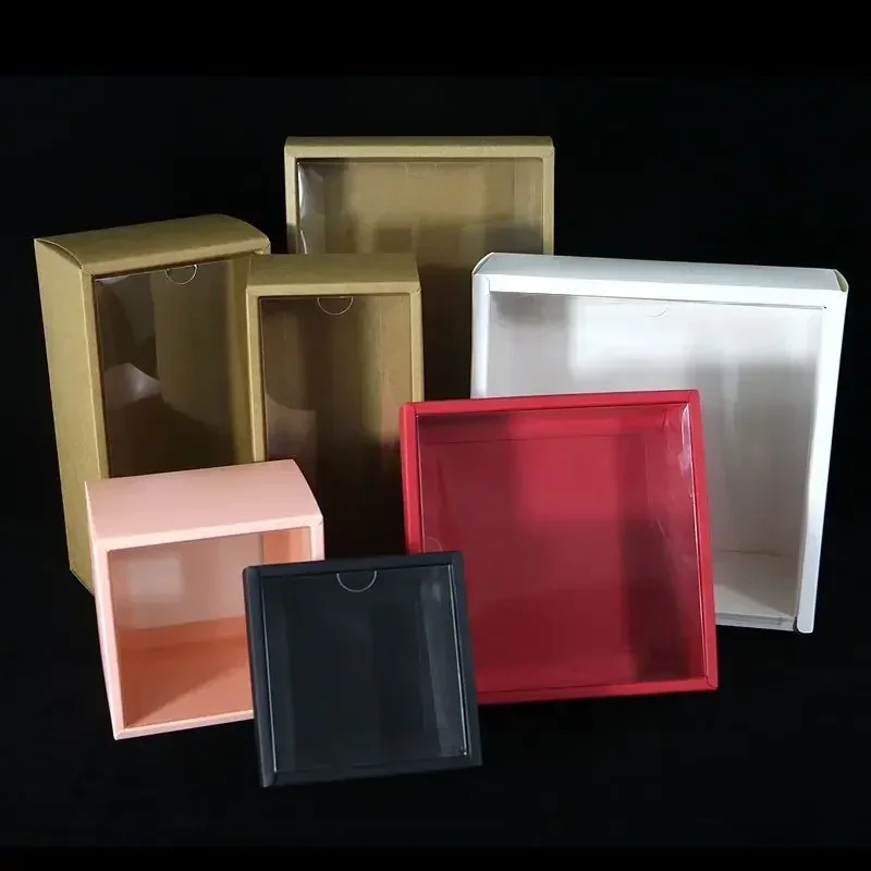 5pcs Kraft Paper Window Visible Packaging Box PVC Clear Cover Square Fold Gift Box Black White Candy Birthday Gift Packing Boxes