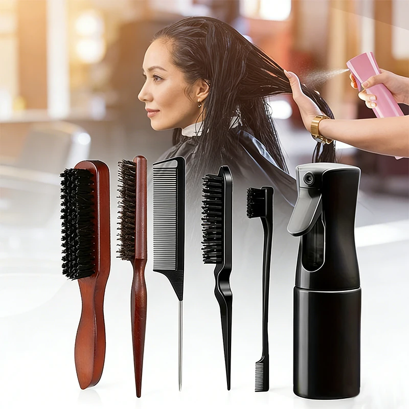 

Набор для укладки волос из 5/6 предметов: щетка из щетины кабана, расческа-хвостик, щетка для бороды, распылитель 200 мл, инструменты для парикмахерских салонов