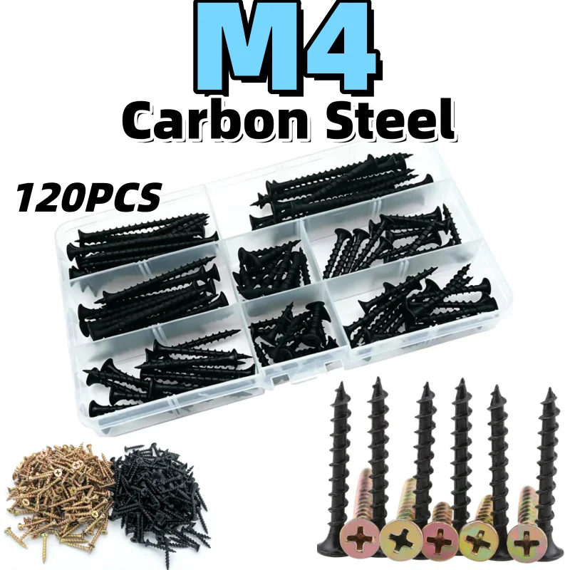 120PCS M4 Black/Color Zinc Cross Flat Head Self-Tapping Screw Combination Kit Phillips Flat Head Wood Screw Furniture Screw