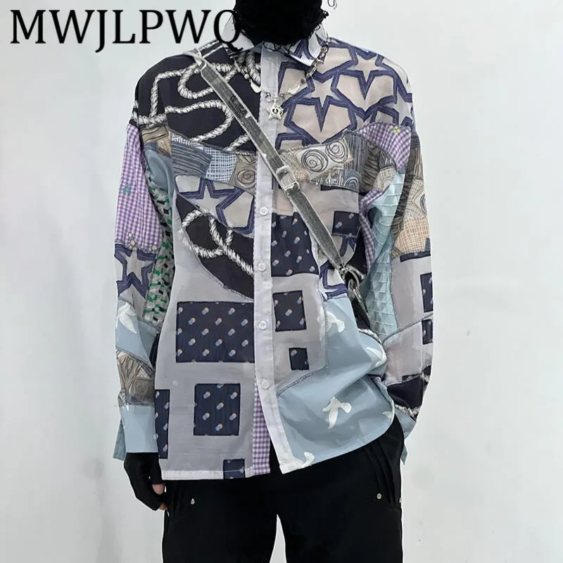 

MWJLPWQ Patchwork Patch Design Male Shirts Elegant Lapel Long Sleeve Contrast Color Unisex Casual Tops 2025 New Autumn 11785