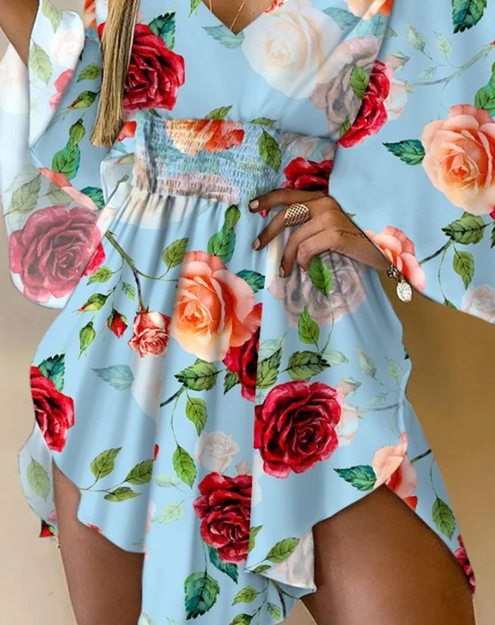 Robe de vacances froncée à imprimé floral pour femmes, col en V, manches chauve-souris, demi-manche, décontracté, mode printemps, 2024