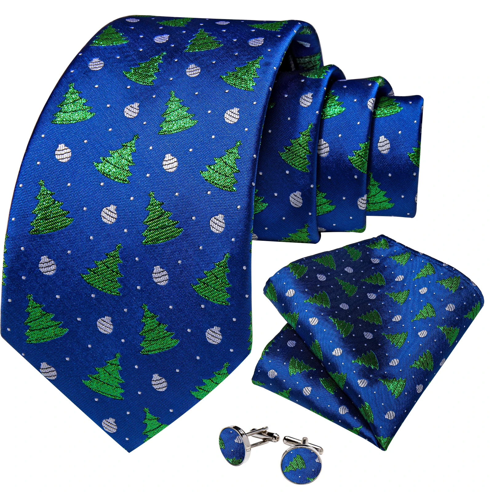 Christmas Tree Blue Silk Jacquard Ties for Men 8cm Neck Tie Set Pocket Square Cufflinks Party Accessories Gift Dropshipping