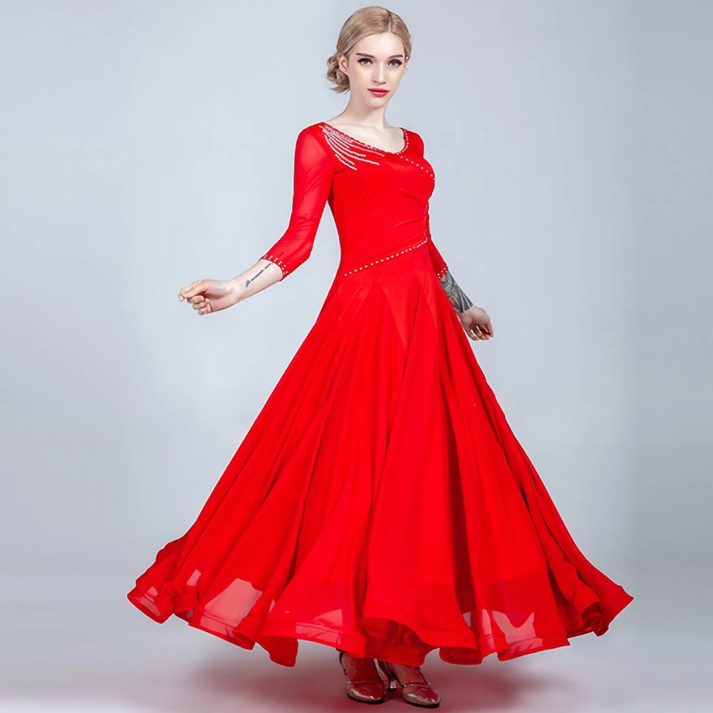 Standard Dance Competition Costume Rhinestone Custom Women's Banquet Dress V-Neck Performance Costume Long Sleeve