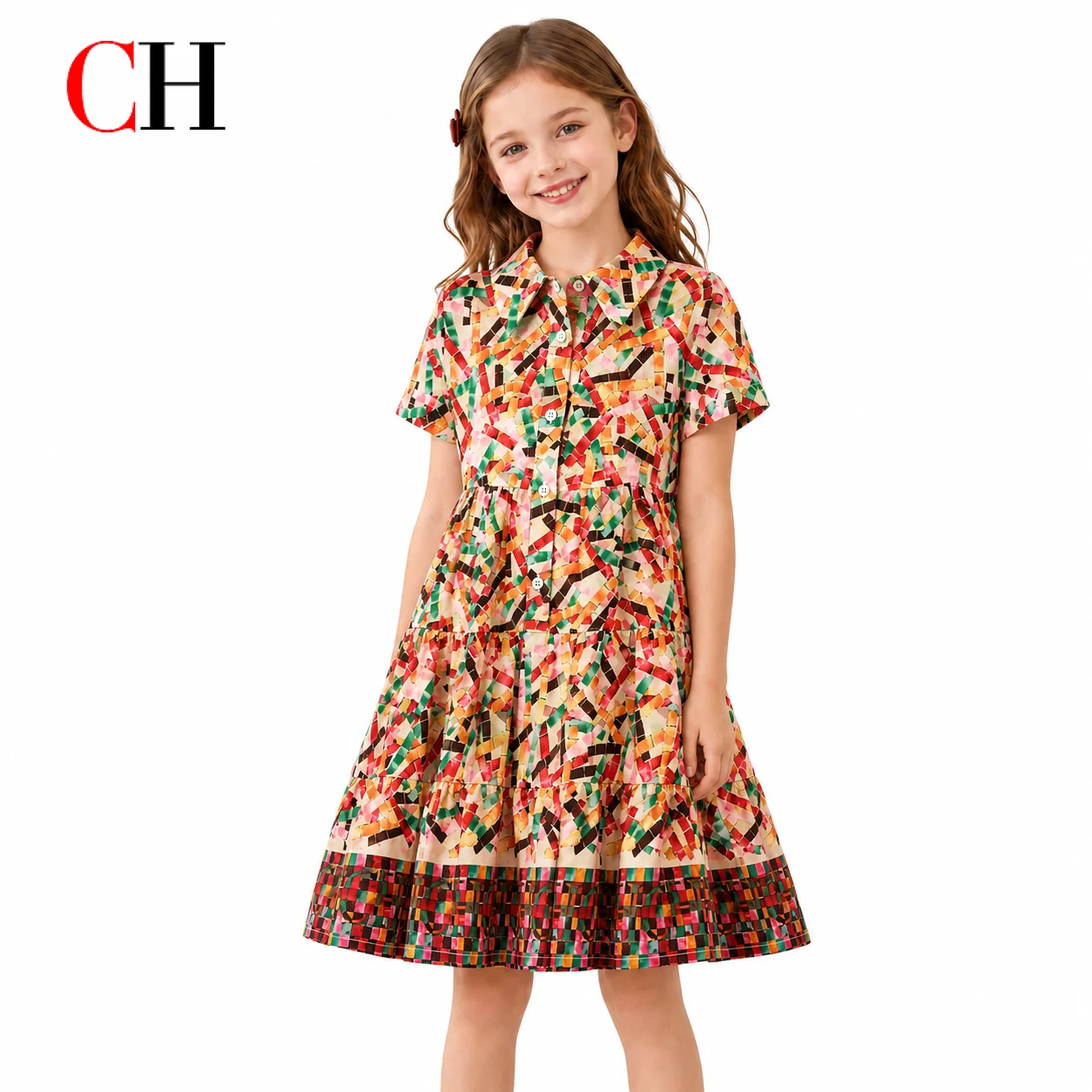 ch-kids-color-block-striped-print-shirt-dress-girls-lapel-short-sleeve-button-tiered-ruffle-dress-summer-children-casual-outfit