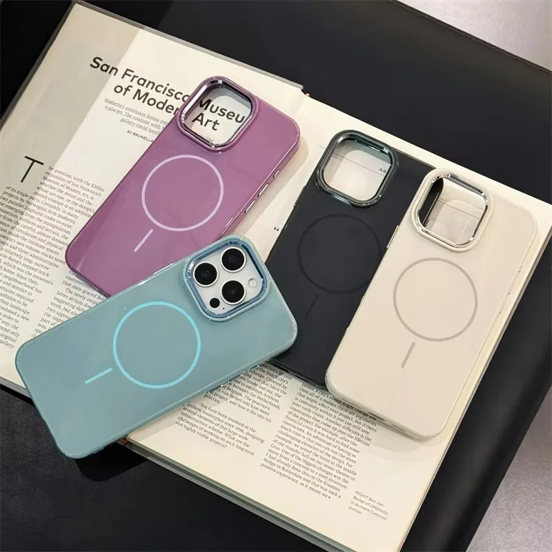 Simple Solid Color Magnetic Magsafe Phone Case For iPhone 13 14 15 16 Pro Max Plus Wireless Charging Metal Lens Shockproof Cover