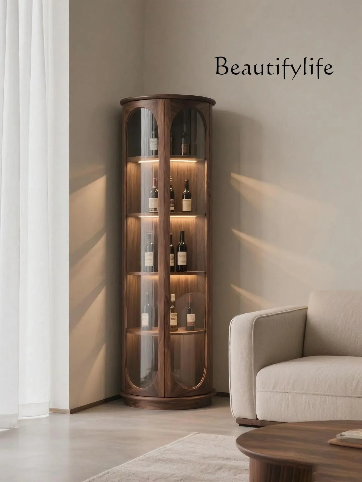 XR Black Walnut Glass Wine Cabinet Modern Light Luxury Double Door Display Cabinet Living Room Solid Wood Round Decoration