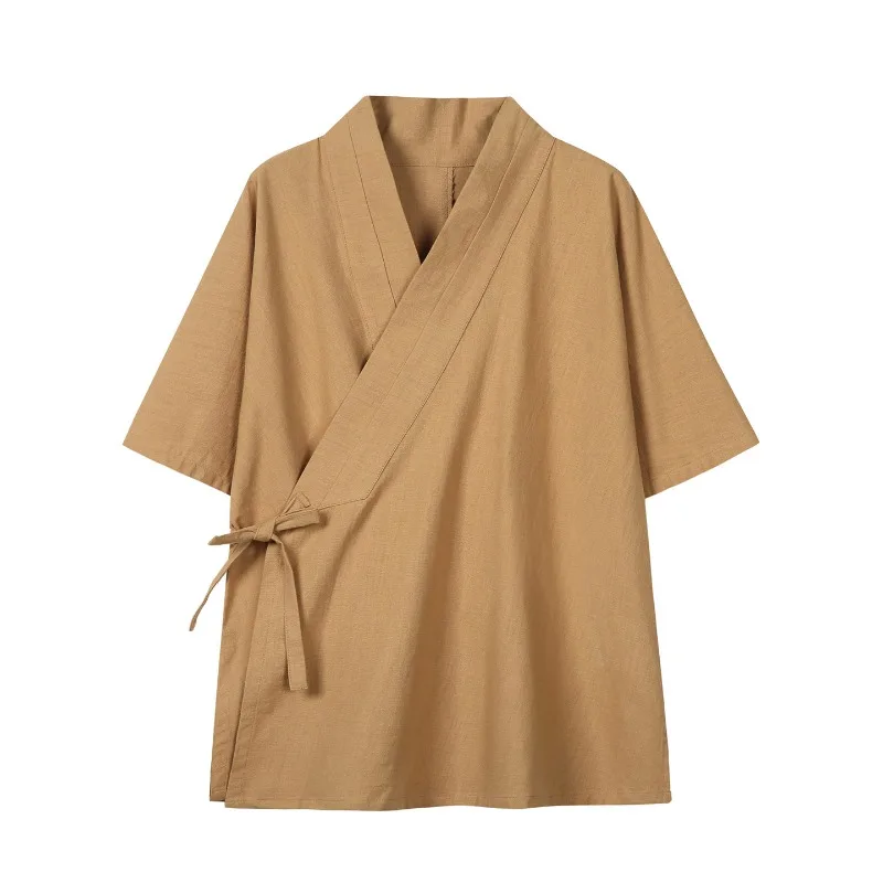 Men's Chinese Style Hanfu Shirt Oversized Short Sleeve Wrap V Neck Top Cotton Blend Solid Color Spring Summer Casual Outerwear