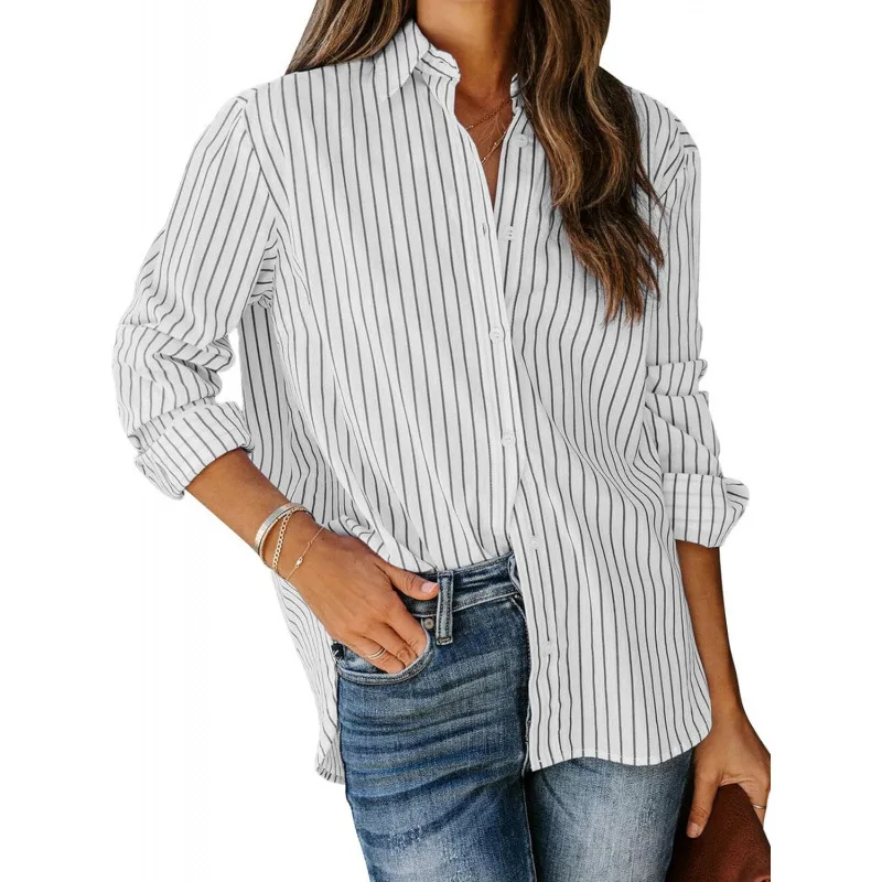 2025 Women's New Fashionable Casual Striped Long Sleeve Button Shirt for Commuting and Vacation Sunscreen T Shirt  Camisetas