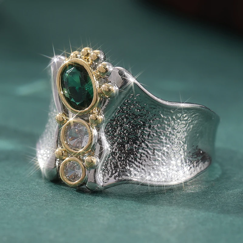 Vintage-Ring für Damen mit zweifarbigen eingelegten weißen und grünen CZ-Steinen, geometrischer Schmuck für den täglichen Gebrauch und Partys – Detail 2