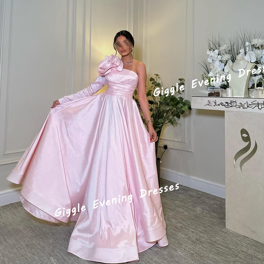 Giggle Satin One-Shoulder Pleating Flower Pretty Prom Gown Saudi Arab Elegance Floor-Length Evening Party Dresses for Women 2024