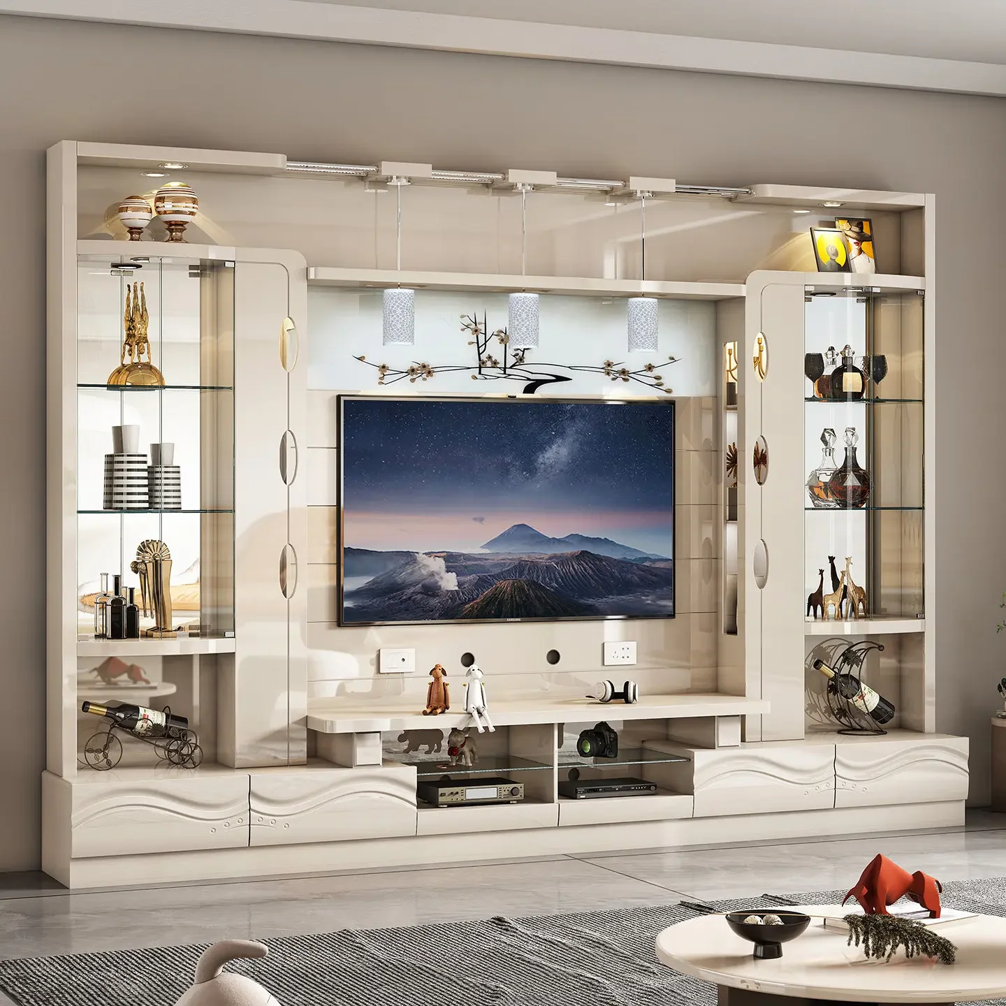 Living room small apartment TV cabinet ground combination wall cabinet overall TV wall background wall video wal