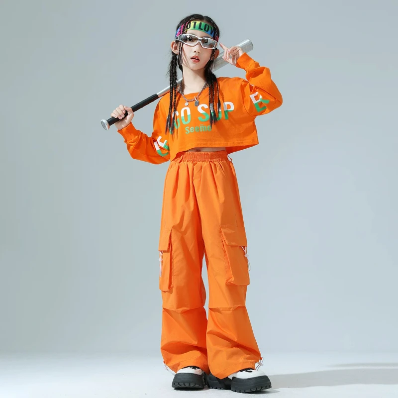 Neue Jazz Dance Kleidung Mode Mädchen Orange Crop Tops Cargo Hosen Streetwear Sets Gruppe Hip Hop Leistung Outfit Bühne Kostüm