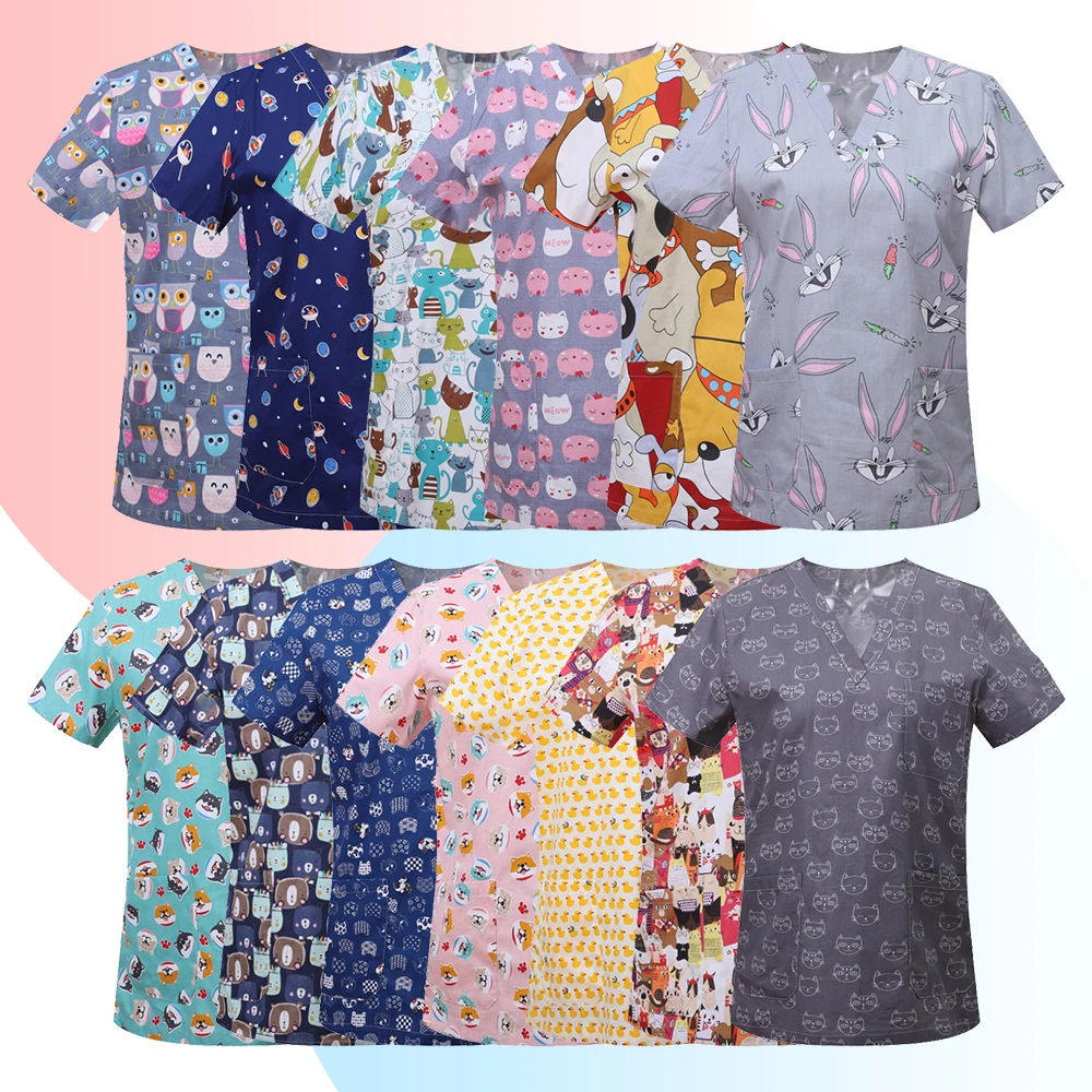 Uniformes de enfermera con estampado para mujer, blusa médica con cuello en V de manga corta, monos de trabajo, enfermería, Spa, Odontología de mascotas