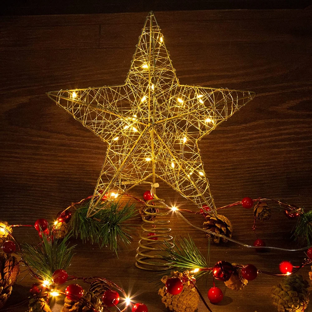 Gold Red Glittered 5 Point Star Treetop LED Star Tree Topper star for Christmas Tree Topper Ornament Decorations Christmas Star