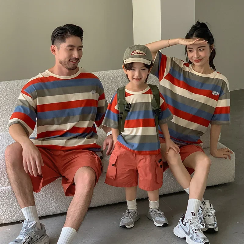 Dad Mom and Son Daughter Matching Parent-child Striped T Shirts Shorts Outfit Two Piece Sets Korean Children Clothing Summer