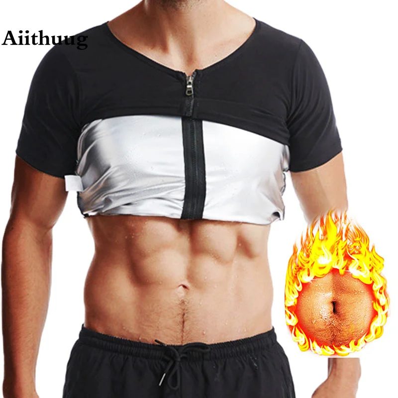 

Aiithuug Men Sauna Suits Short Sleeve 5 Times Sweat Gym Workout Body Shaper Corsets Gym Weight Loss Fat Burn with Zipper Tops