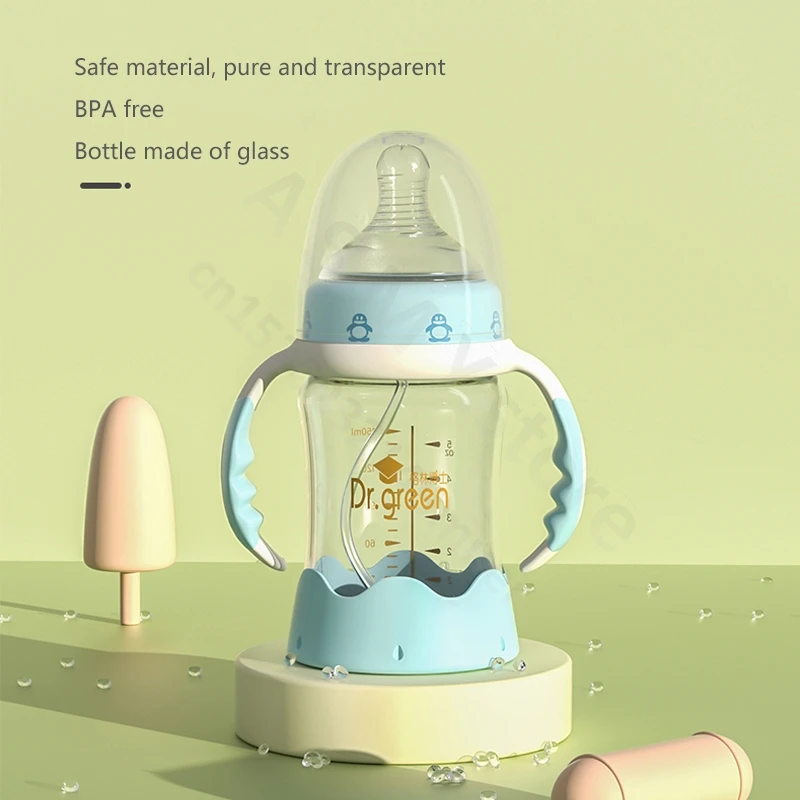 Dr.Green  Wide Mouth Bottle Newborn baby bottle Glass 240mL/150mL  Anti-slip base With Handle Anti-colic Petal shaped Nipple