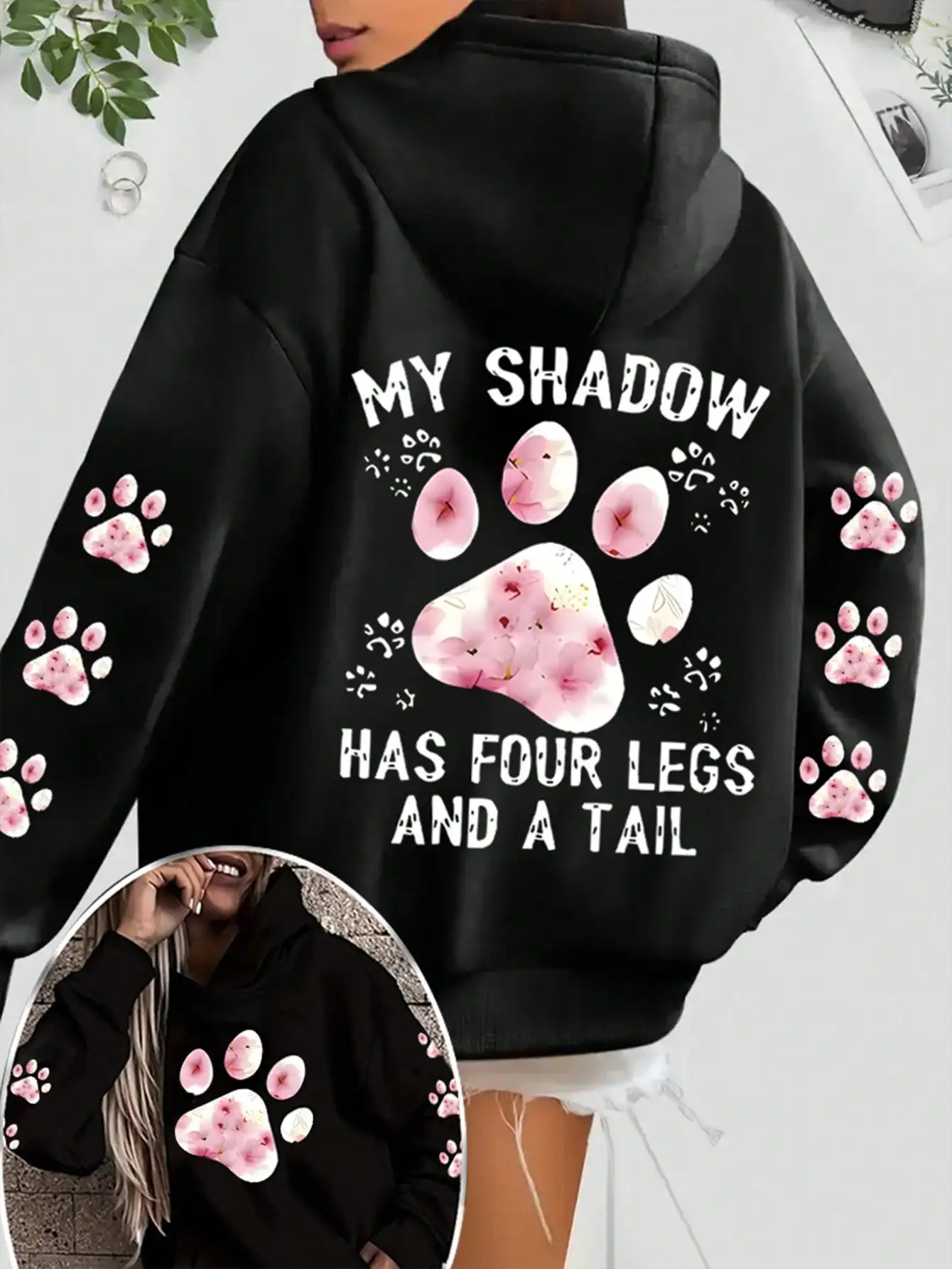 

Women's Hoodie with 'My Shadow Has Four Legs And A Tail' Print & Floral Paw Design, Fall Winter