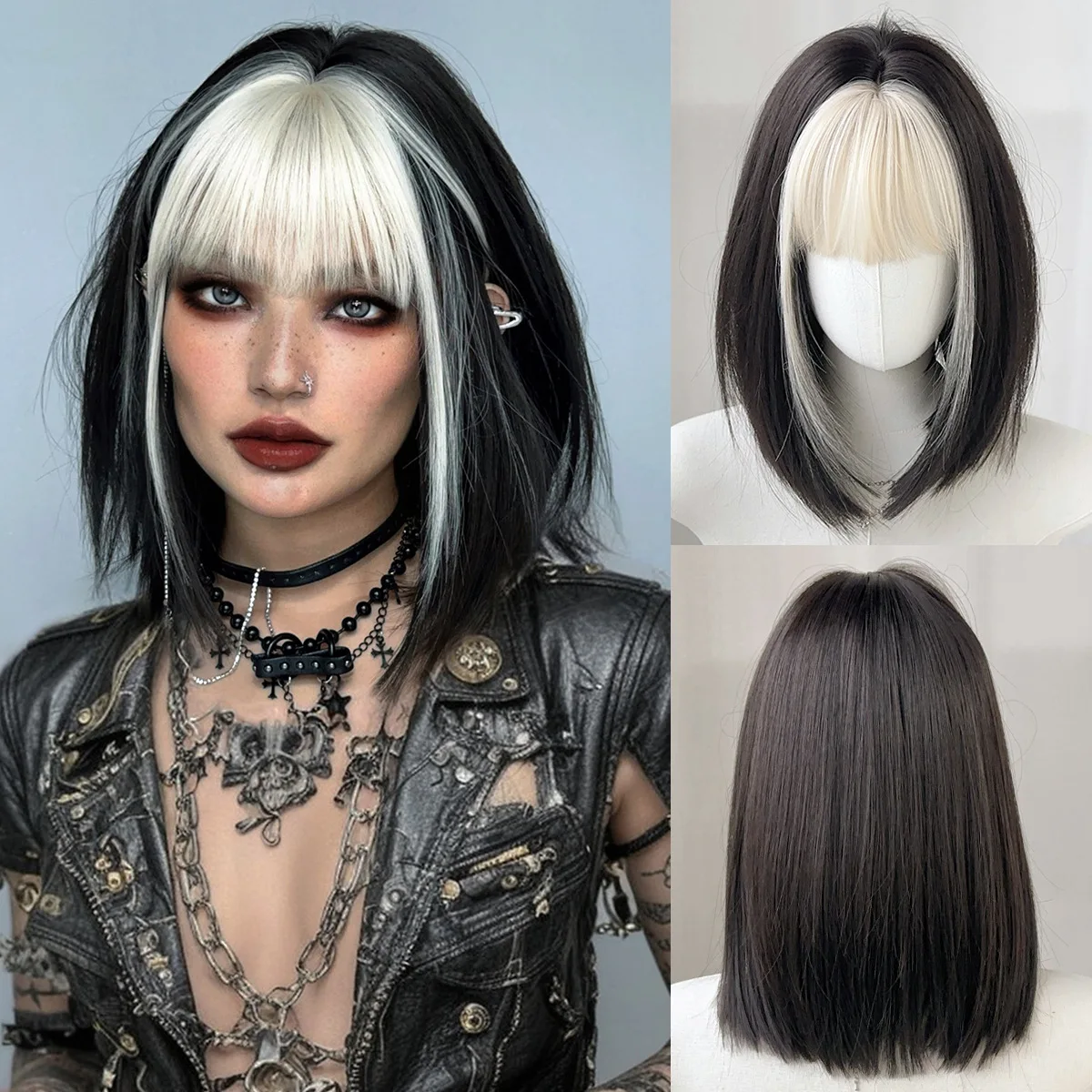 

Bobo Short Hair Wig Women's Short Straight Hair Gray White Qi Bangs Loli High Quality Full Headgear