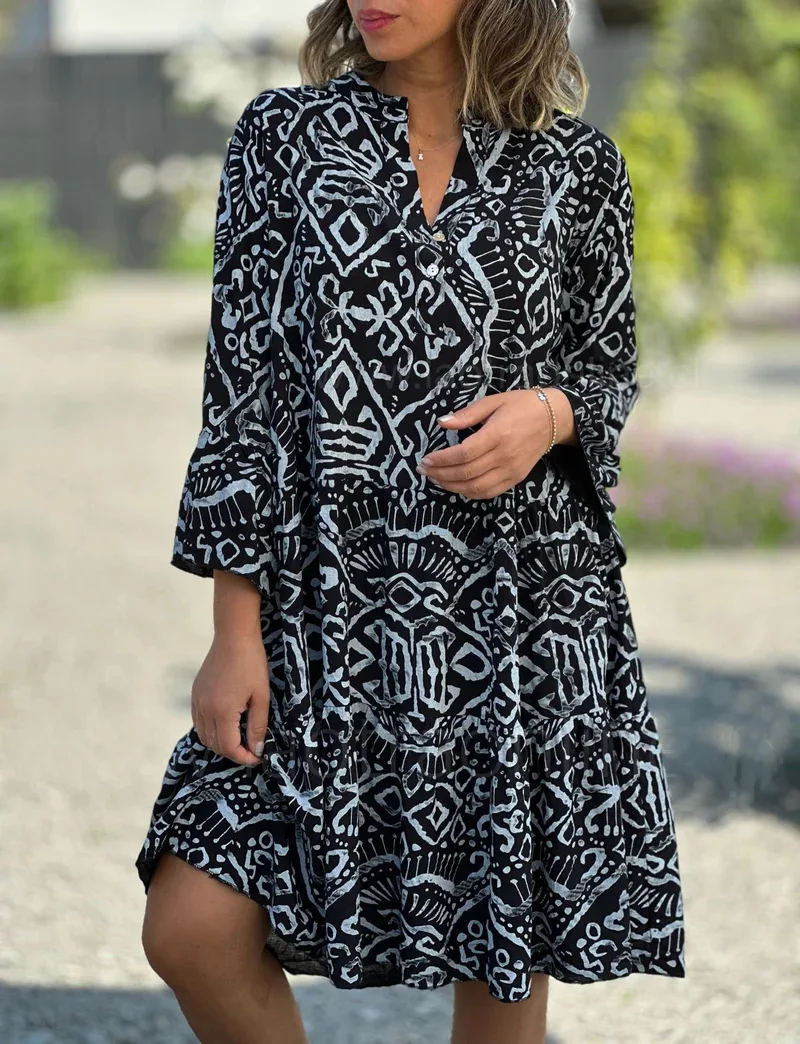 Summer Women's Loose Dress V-neck Button Pullover Flared Sleeve Vacation Fashion Casual Splicing Elegant Beach Midi Skirt