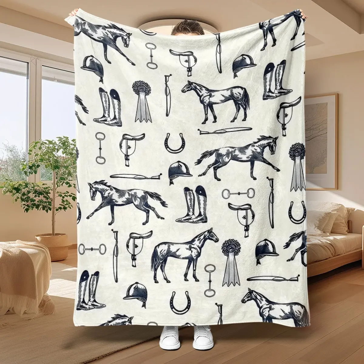 Vintage Equestrian Horse Pattern Blanket Throw 150x200cm Rustic Farmhouse Bed Cover Decoration