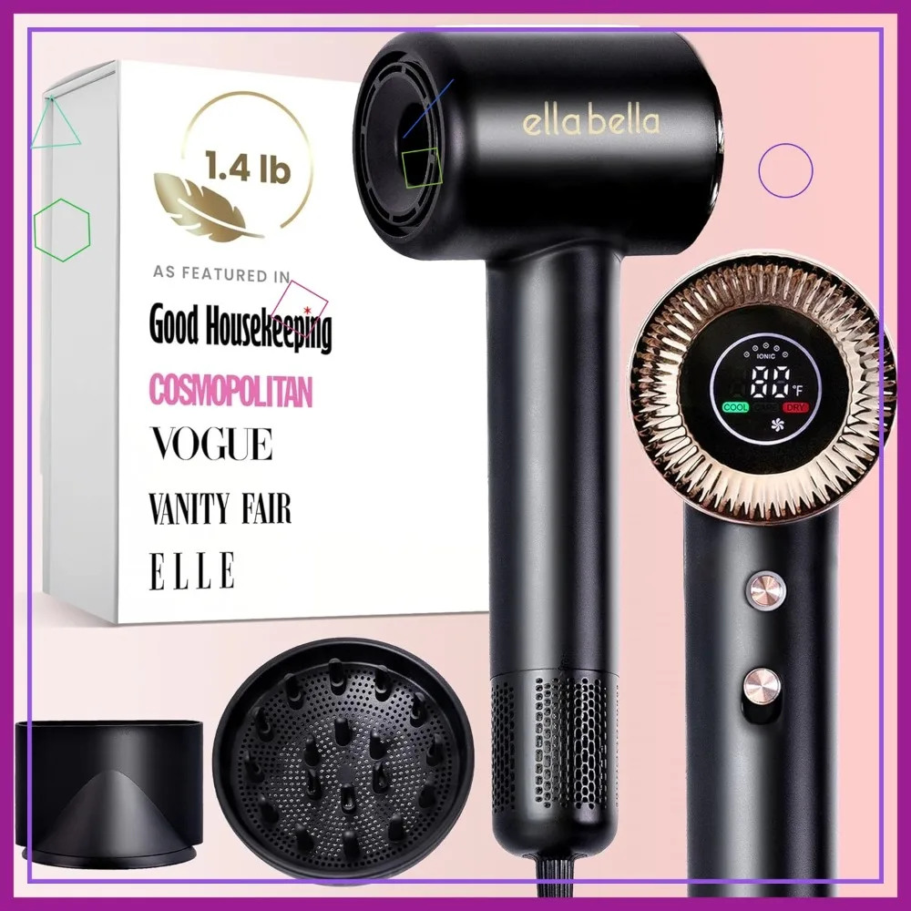 

Compact Plasma Hair Dryer, Advanced Tech with Digital Display, Rapid Drying, Low Noise, Travel Bag Included - Diffuser & Nozzle