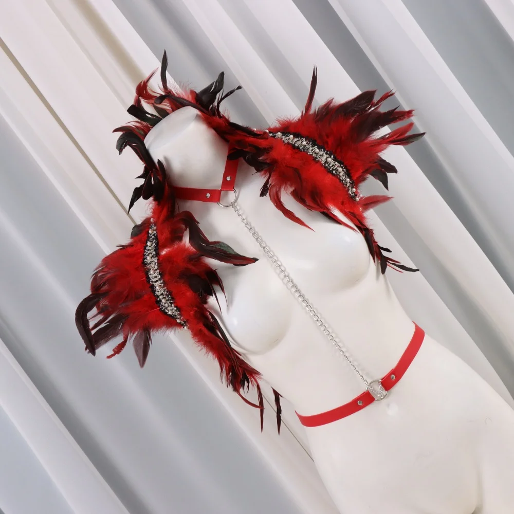 Gotycki Punkowy Szal z Imitacji Piór Personalizowany Pas na Klatkę Piersiową ze Skóry PU Kostium na Halloween Boże Narodzenie do Odgrywania Ról na Scenę