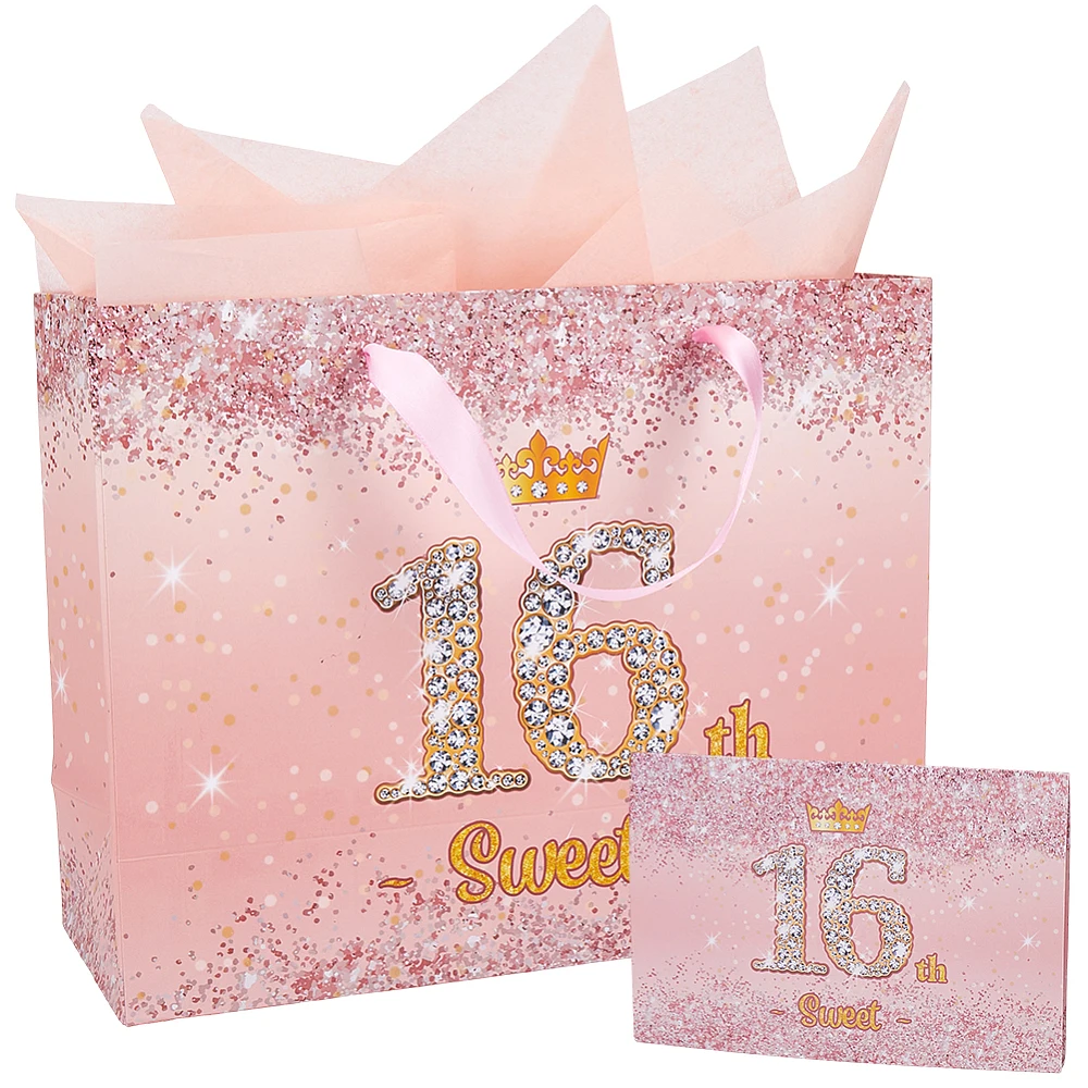 13 x 10 x 5 Inch 16th Birthday Party Gift Present Bags with Tissue Handles Pink Greeting Card Rectangle Large Heavy Duty