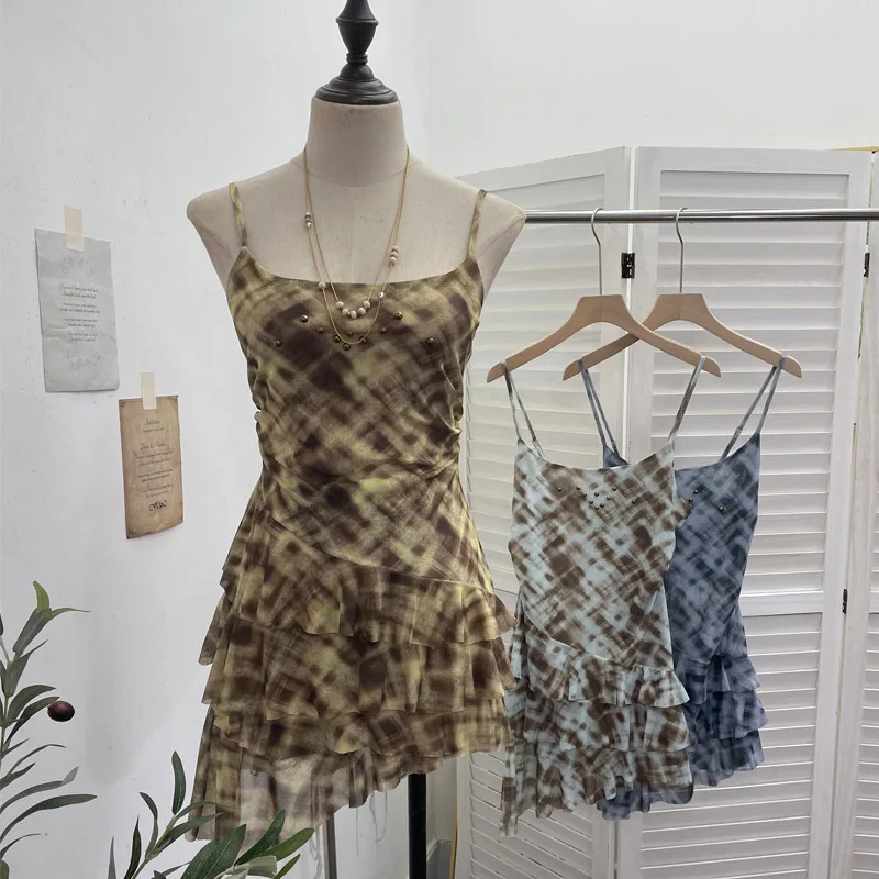 New Summer Women Mesh Riveted Irregular Hem Cami Mini Dresses Ruffle Trim Sleeveless Tank Vest Y2K Shirt Sexy Mesh Top1273