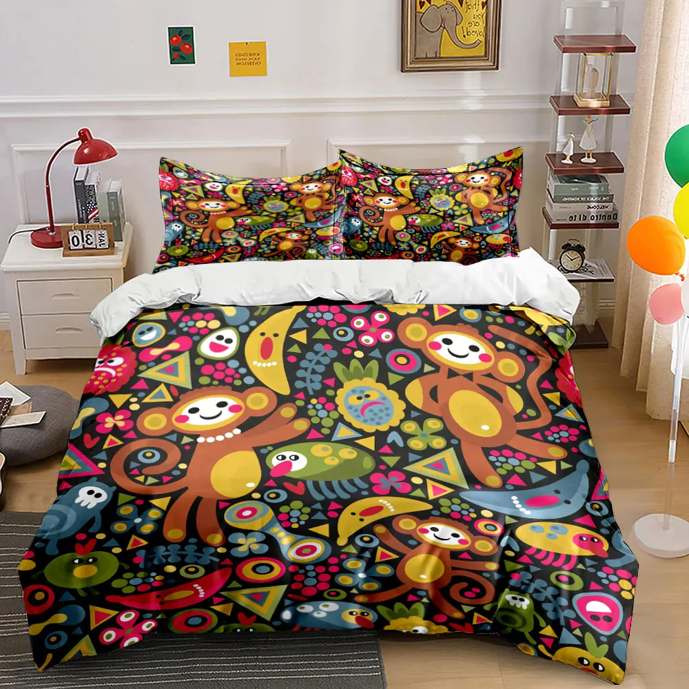 Cartoon monkeys and fruit patterns Duvet Cover Set with 3D Printing Design Soft Polyester Bedding Set All-Season Comfort