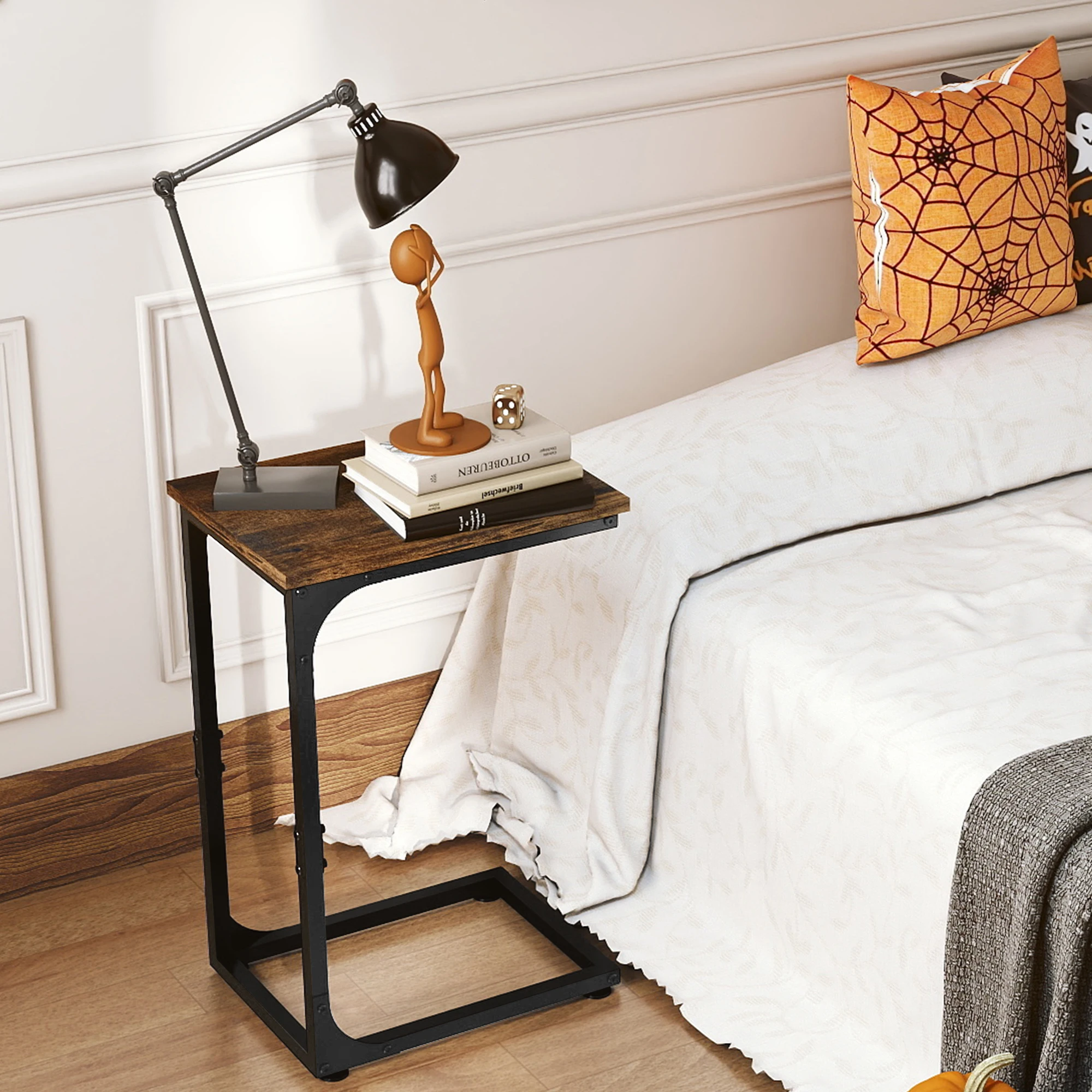 C-Shaped Side Table for Couch, Small Sofa Tray Coffee Desk with Metal Frame Waterproof Scratch Resistant
